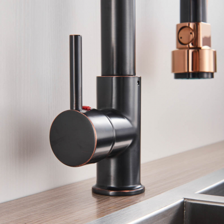 Baterie de bucatarie de lux cu dus detasabil, negru-rose [6]