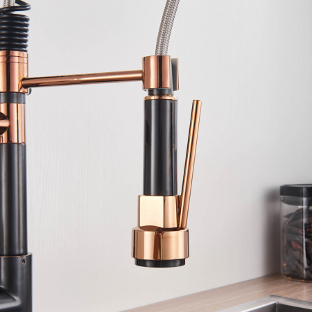 Baterie de bucatarie de lux cu dus detasabil, negru-rose [4]