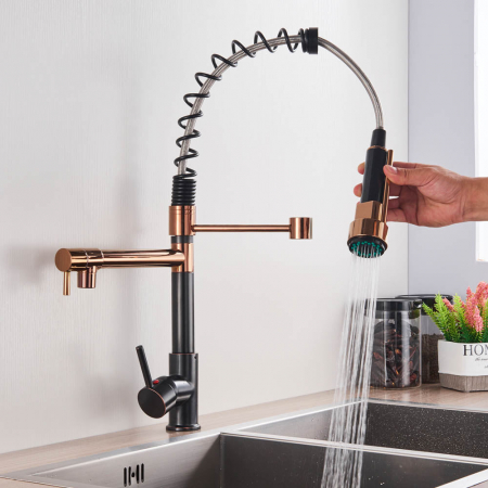 Baterii bucatarie - Baterie de bucatarie de lux cu dus detasabil, negru-rose