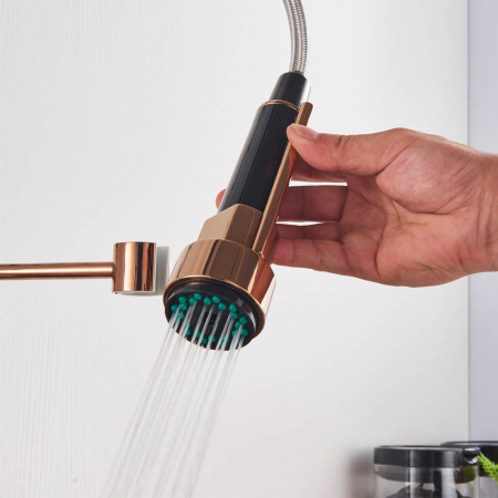 Baterie de bucatarie de lux cu dus detasabil, negru-rose [7]