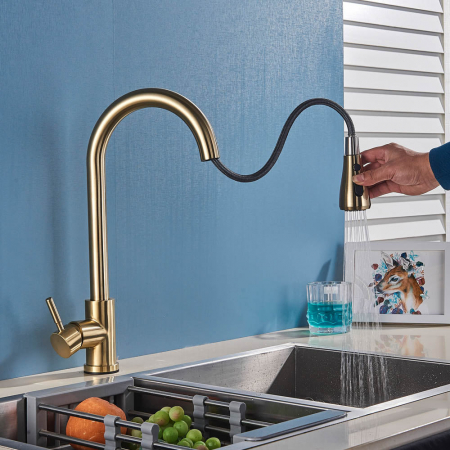 Baterii bucatarie - Baterie de bucatarie lux cu dus extractibil, auriu periat