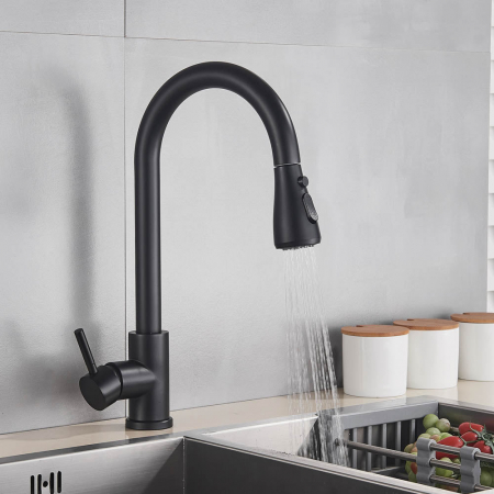 Baterie de bucatarie lux cu dus extractibil, negru mat [1]