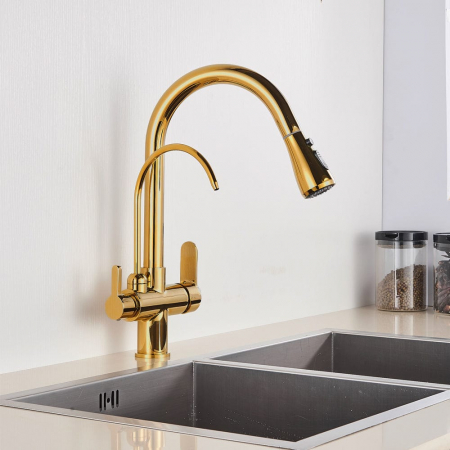 Baterie de lux bucatarie cu 3 cai, auriu lucios, cu 2 functii de curgere si dus extractibil [1]