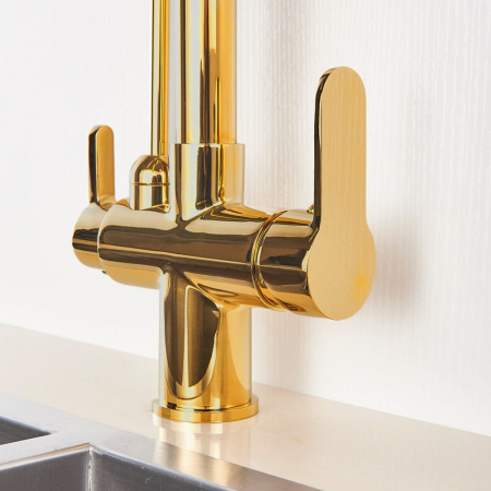 Baterie de lux bucatarie cu 3 cai, auriu lucios, cu 2 functii de curgere si dus extractibil [4]