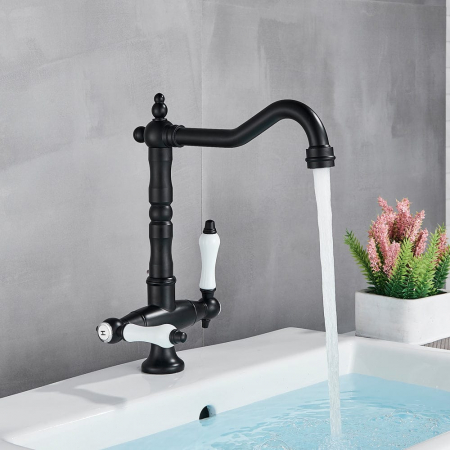 Baterii bucatarie - Baterie lux lavoar/bucatarie retro, inalta, cu montare pe chiuveta sau blat, negru mat