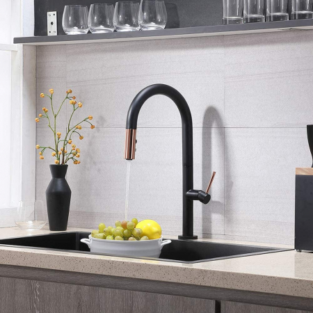 Baterie profesionala de bucatarie, cu dus extractibil, 2 functii de curgere, negru mat cu rose gold [3]