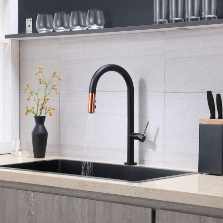 Baterie profesionala de bucatarie, cu dus extractibil, 2 functii de curgere, negru mat cu rose gold [2]