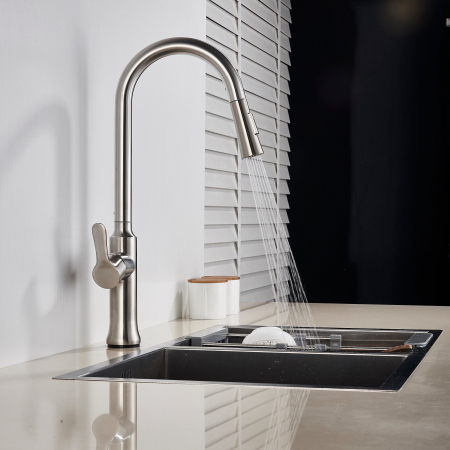 Baterie profesionala pentru bucatarie Herlich Chrome, cu 2 functii de curgere, dus extractibil, senzor tactil de pornire/oprire, argintiu nichelat [5]