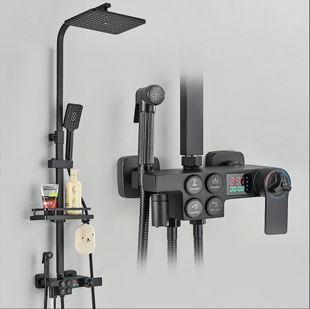 Sisteme de dus - Coloana dus cu 6 functii de curgere para patrata, termostat si afisaj temperatura, culoare negru mat