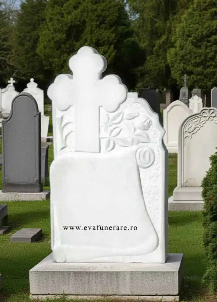 Monumente marmura - Cruce marmură alb-gri model 042 – personalizabilă, rată fără dobândă