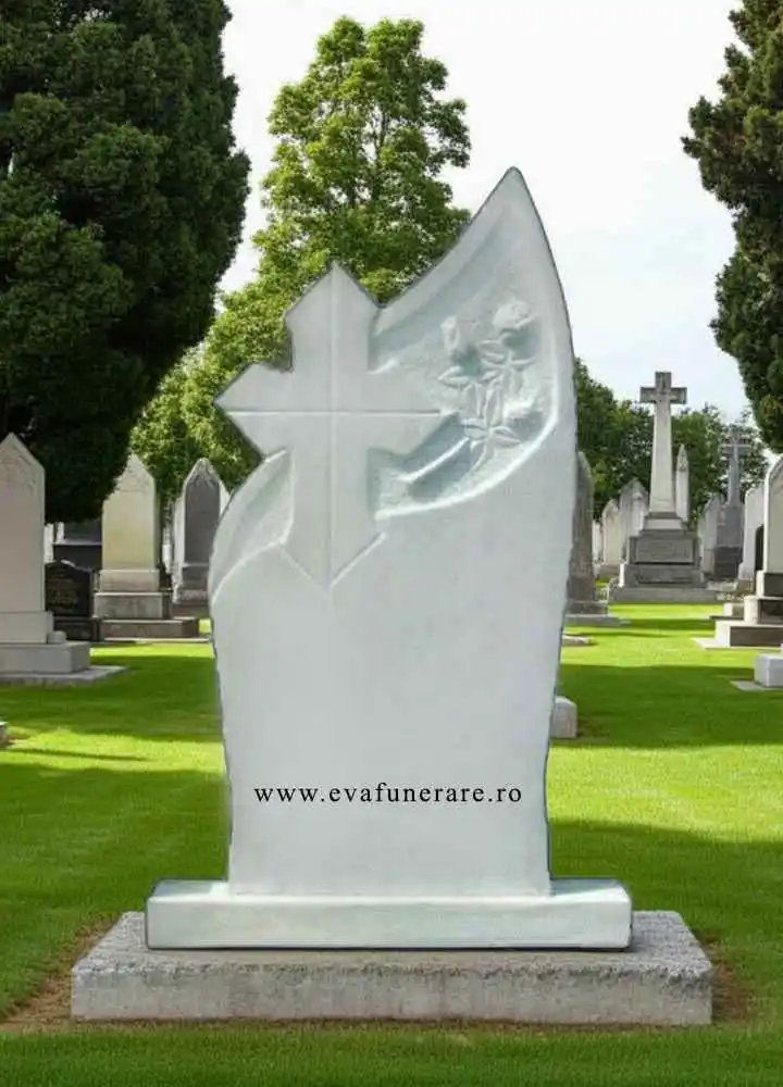 Monumente marmura - Cruce marmură alb-gri model 067 – personalizabilă, rată fără dobândă