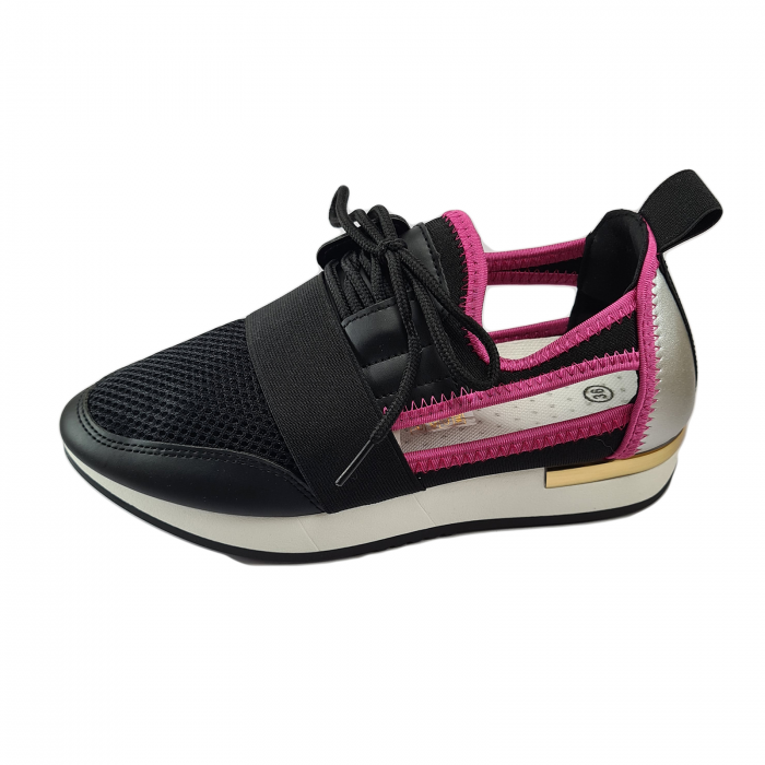 Pantofi sport damă, piele ecologică, Decupați, Negru & Roz [1]