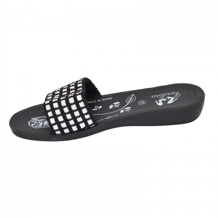 Papuci damă Isadora, material textil alb cu negru, talpă joasă [2]