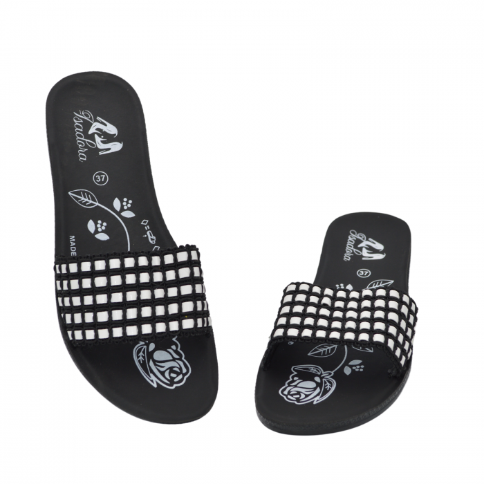 Papuci damă Isadora, material textil alb cu negru, talpă joasă [4]