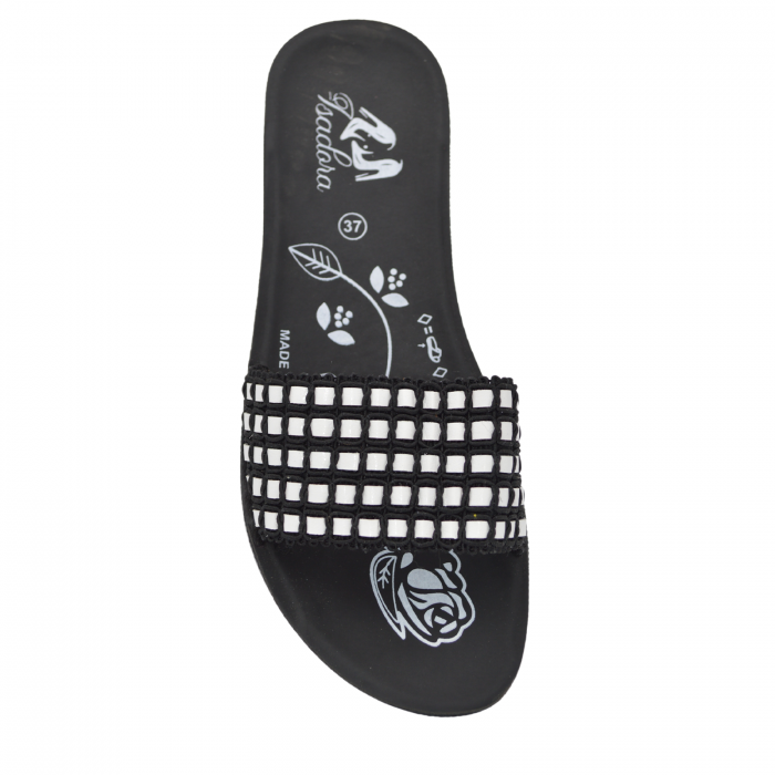 Papuci damă Isadora, material textil alb cu negru, talpă joasă [3]