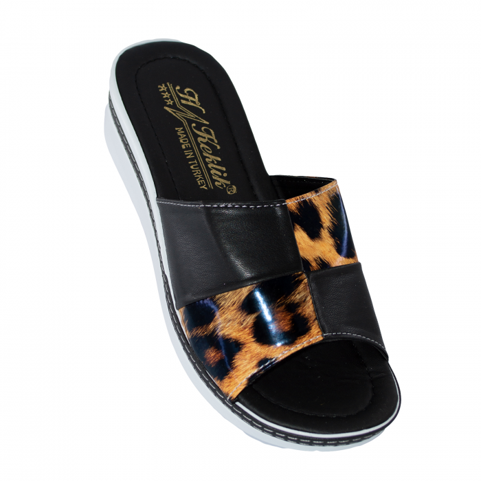 Papuci damă, Piele ecologică, Negru cu imprimeu leopard Sah, ta1587 [2]