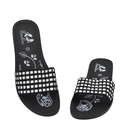 Papuci damă Isadora, material textil alb cu negru, talpă joasă [3]