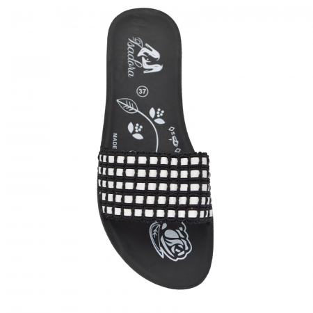 Papuci damă Isadora, material textil alb cu negru, talpă joasă [2]