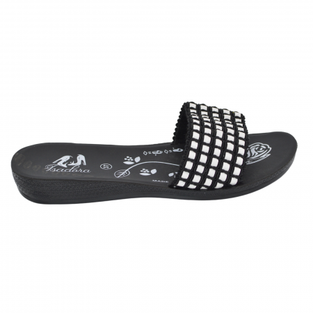 Șlapi ,papuci, saboți damă - Papuci damă Isadora, material textil alb cu negru, talpă joasă