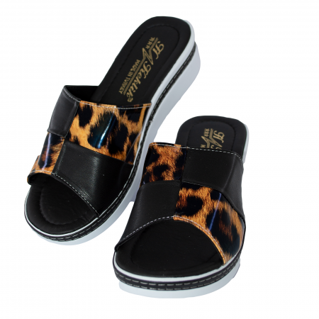 Papuci damă, Piele ecologică, Negru cu imprimeu leopard Sah, ta1587 [3]