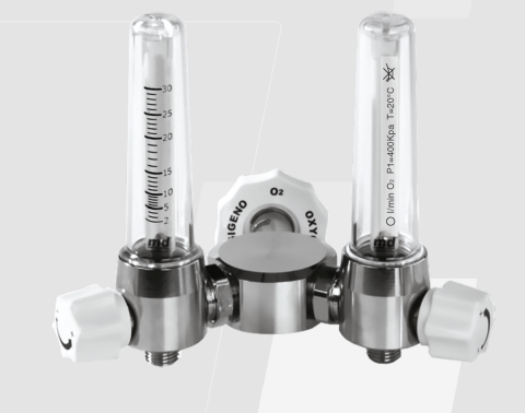 Medical - Debitmetru Dublu pentru Oxigenoterapie 30 L/min cu Cuplă 1/4" și Filet 9/16" Standard DIN