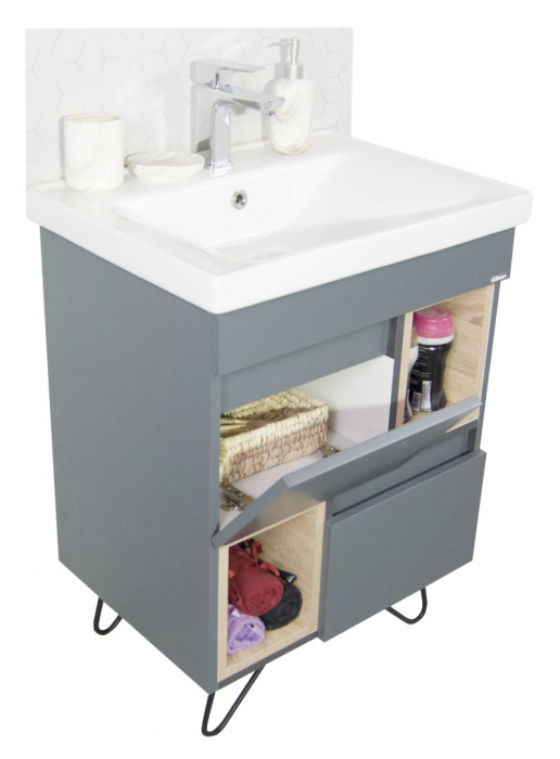 Set Baza front MDF si Lavoar seria 760, cu picioare metalice, 60 cm, antracit + sonoma [3]