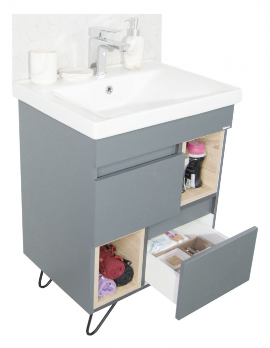 Set Baza front MDF si Lavoar seria 760, cu picioare metalice, 60 cm, antracit + sonoma [2]