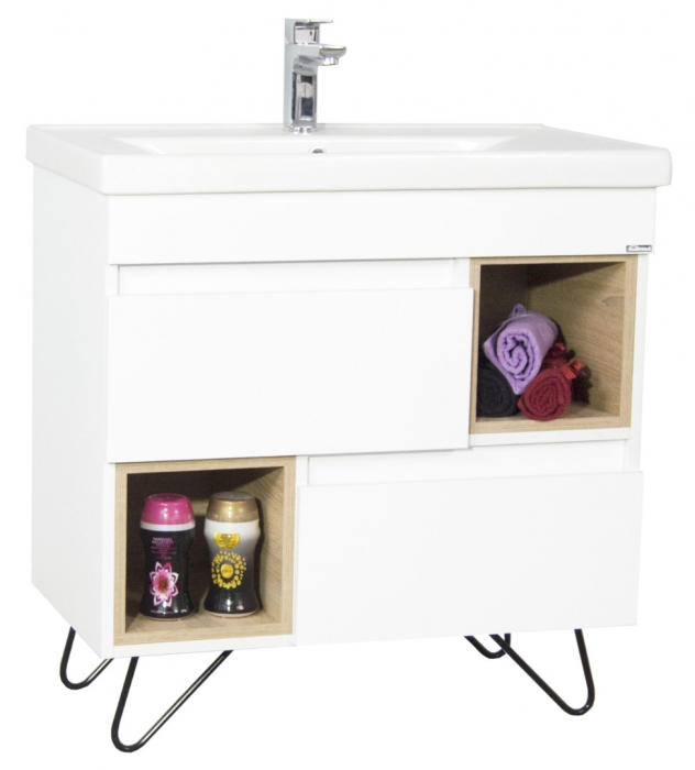 Set Baza front MDF si Lavoar seria 760, cu picioare metalice, 80 cm, alb + sonoma [1]