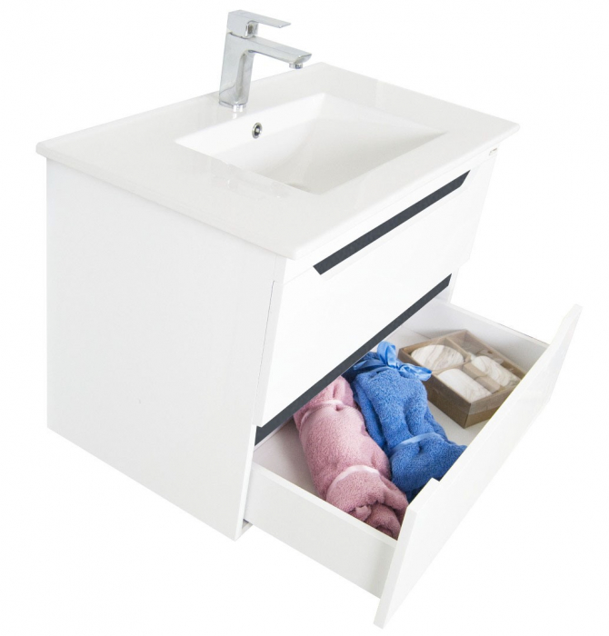 Set Baza cu front MDF si Lavoar, seria 056, 80 cm, suspendata cu sertare, alb + antracit [4]