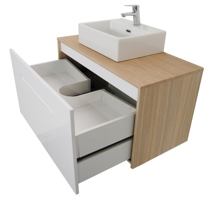 Set Baza front MDF si Lavoar seria 401, suspendata cu sertare, 90 cm, alb + fag [2]