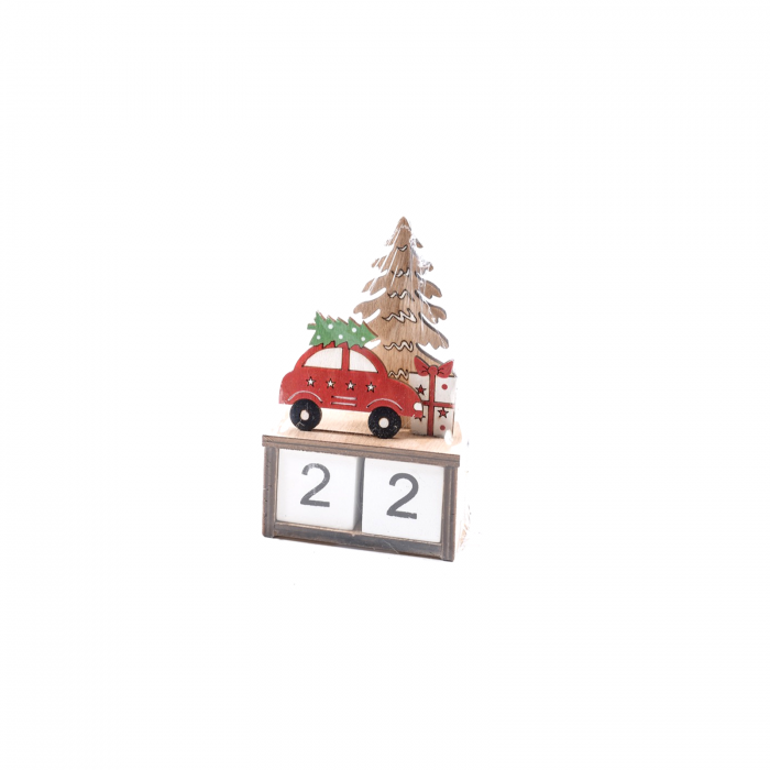 Calendar decorativ Craciun, autoturism, lemn, 7,5x4x12 cm