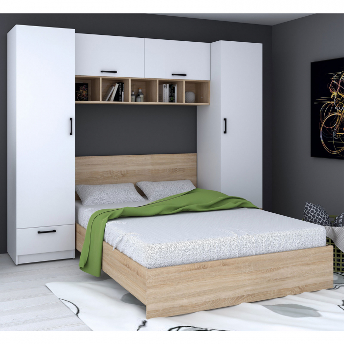 Set dormitor tineret TEO, 4 corp alb sonoma, PAL alb, pat 140x200 cm - ExpoMob