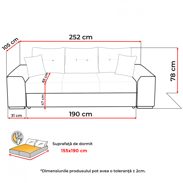 Canapea AMALIA II extensibila, 3 locuri, cu arcuri si lada depozitare, 252x105x78 cm - ExpoMob [12]