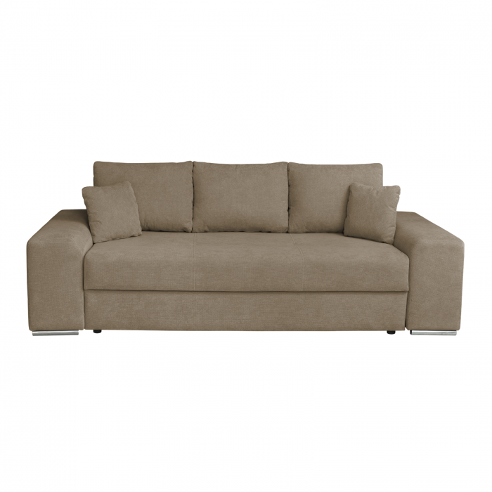 Canapea AMALIA II extensibila, 3 locuri, cu arcuri si lada depozitare, maro deschis, 252x105x78 cm