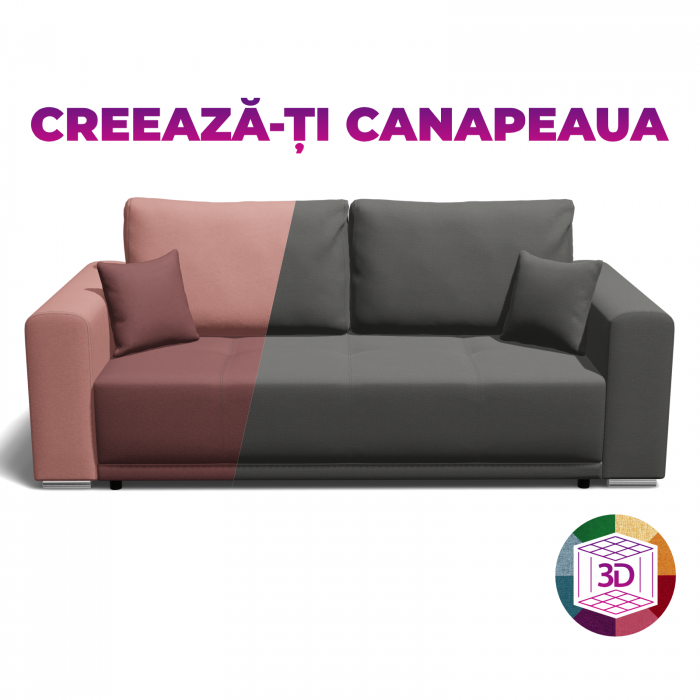 Canapea BERNA extensibila, 3 locuri, cu arcuri si lada depozitare, 238x108x77 cm, Configurator 3D