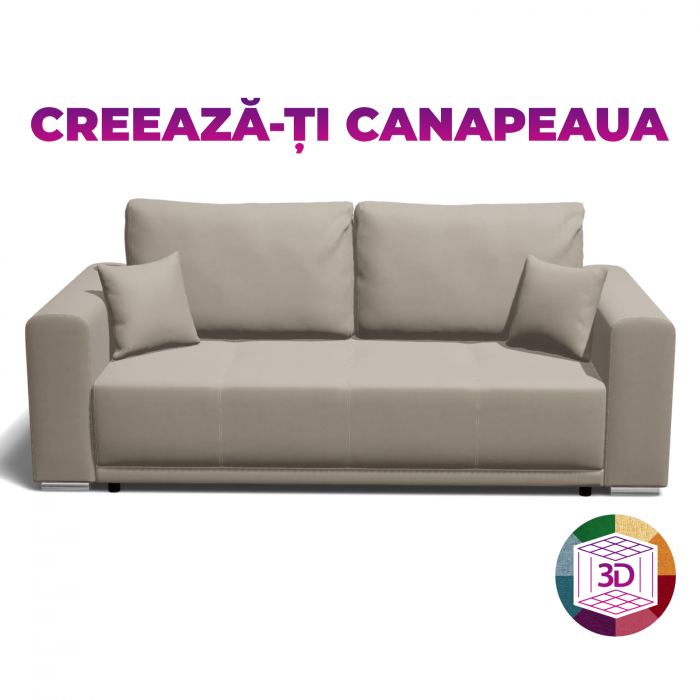 Canapea BERNA extensibila, 3 locuri, cu arcuri si lada depozitare, 238x108x77 cm, Configurator 3D