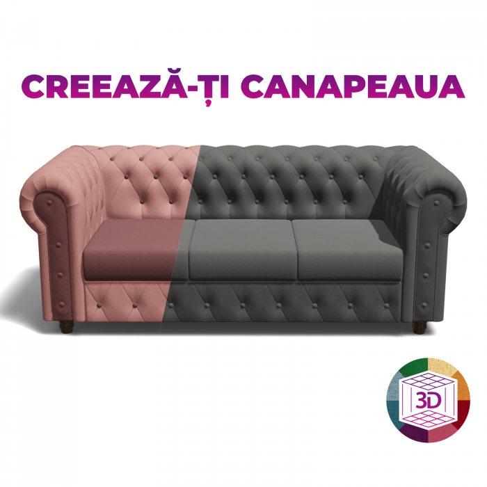 Canapea CHESTERFIELD extensibila, 3 locuri, cu arcuri, 205x90x80 cm, Configurator 3D
