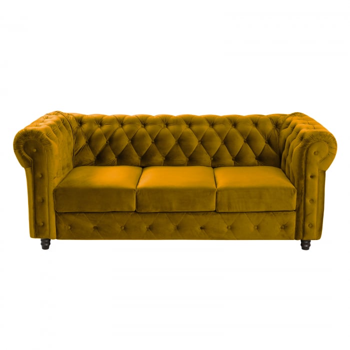 Canapea CHESTERFIELD extensibila, 3 locuri, cu arcuri, galben, 205x90x80 cm