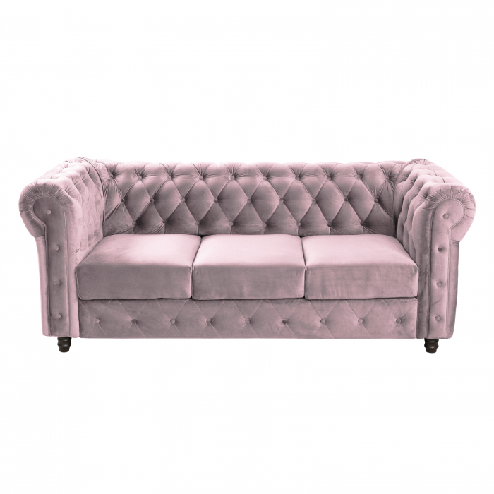 Canapea CHESTERFIELD extensibila, 3 locuri, cu arcuri, roz prafuit, 205x90x80 cm