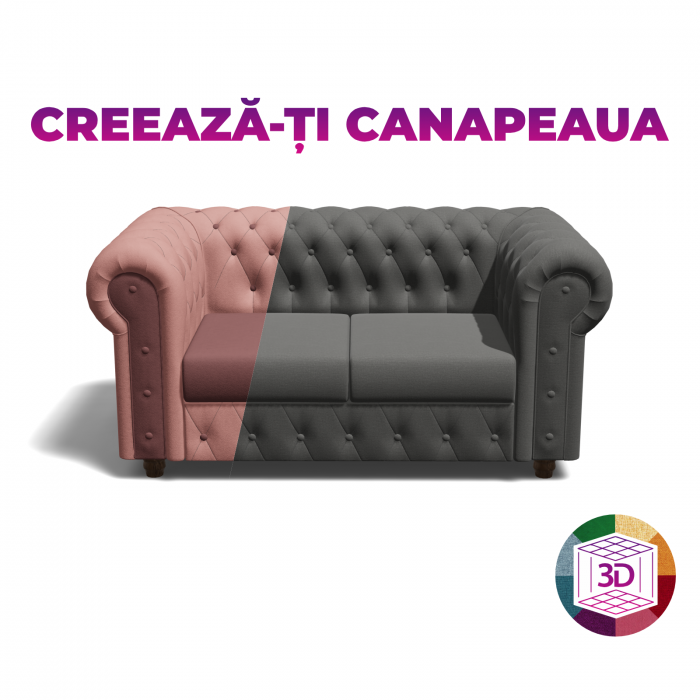 Canapea CHESTERFIELD fixa, 2 locuri, cu arcuri, 168x90x80 cm, Configurator 3D