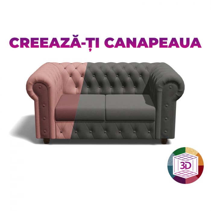 Canapea CHESTERFIELD fixa, 2 locuri, cu arcuri, 168x90x80 cm, Configurator 3D