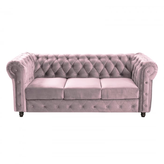 Canapea CHESTERFIELD fixa, 3 locuri, cu arcuri, roz, 205x90x80 cm