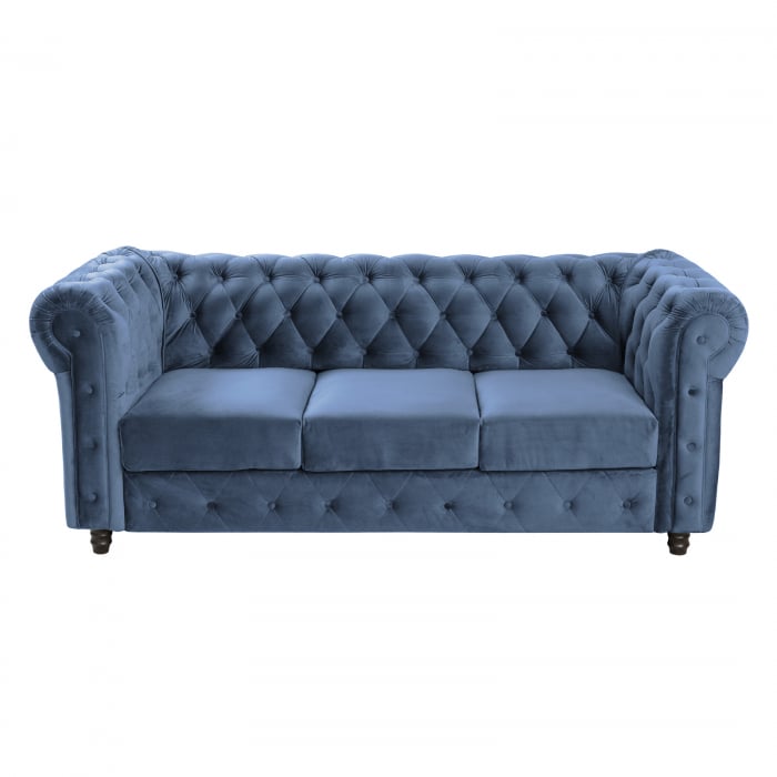 Canapea CHESTERFIELD fixa, 3 locuri, cu arcuri, albastru, 205x90x80 cm