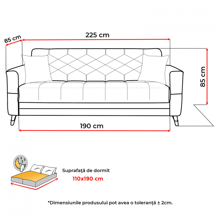 Canapea extensibila ALICE ONE, 3 locuri, cu arcuri si lada pentru depozitare, 225x85x85 cm - ExpoMob [5]