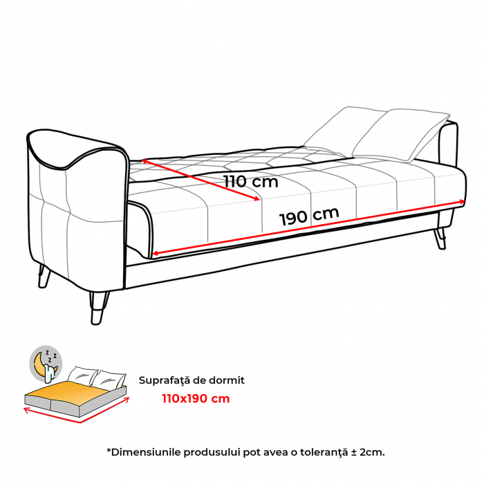 Canapea extensibila ALICE ONE, 3 locuri, cu arcuri si lada pentru depozitare, 225x85x85 cm - ExpoMob [6]