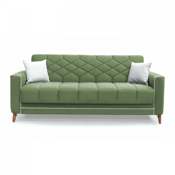 Canapea extensibila ALICE, 3 locuri, cu arcuri si lada pentru depozitare, verde + crem, 225x85x85 cm