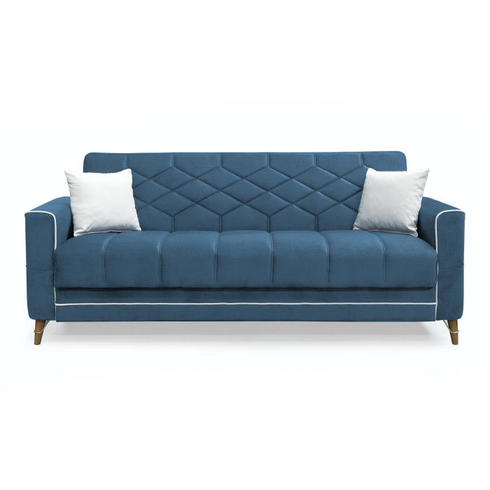 Canapea extensibila ALICE, 3 locuri, cu arcuri si lada pentru depozitare, albastru + crem, 225x85x85 cm