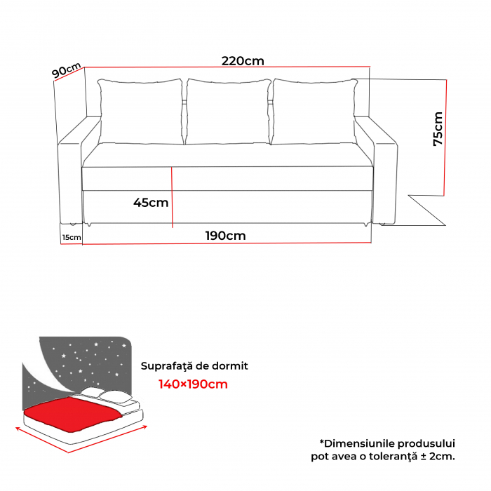Canapea NICO 2 3L extensibila, 3 locuri, cu arcuri si lada depozitare, 220x90x75 cm - ExpoMob [4]