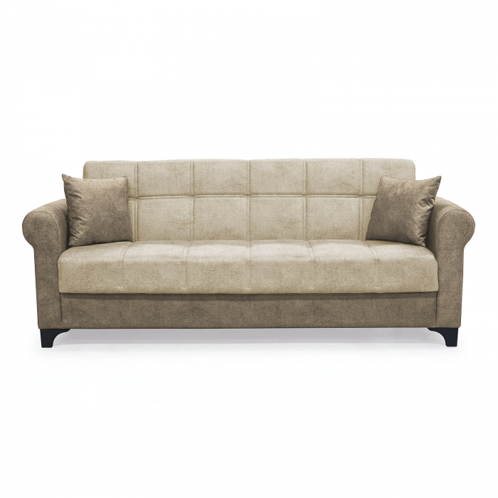 Canapea SALLY extensibila, 3 locuri, cu arcuri si lada depozitare, bej + maro, 215x80x83 cm