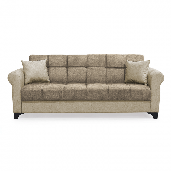 Canapea SALLY extensibila, 3 locuri, cu arcuri si lada depozitare, maro + bej, 215x80x83 cm
